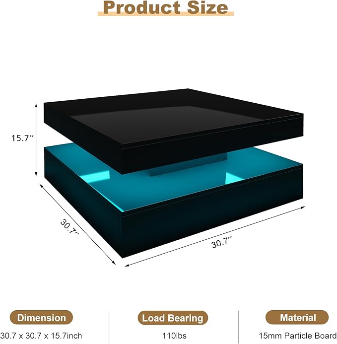 Black LED Coffee Table for Living Room, Living Room Table 2-Tier Square Middle Center Table, Modern Coffee Tables with Storage, Contemporary Wood Tea Tables for Dining Reception