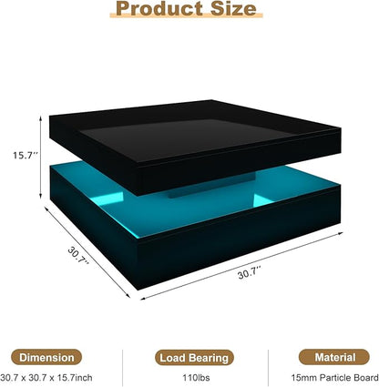 Black LED Coffee Table for Living Room, Living Room Table 2-Tier Square Middle Center Table, Modern Coffee Tables with Storage, Contemporary Wood Tea Tables for Dining Reception
