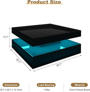 Black LED Coffee Table for Living Room, Living Room Table 2-Tier Square Middle Center Table, Modern Coffee Tables with Storage, Contemporary Wood Tea Tables for Dining Reception