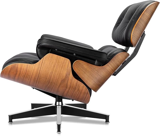 Top Black Grain Leather, Mid Century Chaise Lounge Chair and Ottoman, Modern Chair Classic Design, Heavy Duty Base Support for Living Room Study Lounge Office (Tall, Walnut-Black)