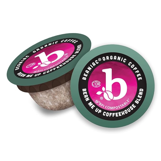 beaniac Organic Bean Me Up Coffeehouse Blend, Medium Roast, Single Serve Compostable K Cup Coffee Pods, Organic Arabica Coffee, Keurig Brewer Compatible, 30 Count