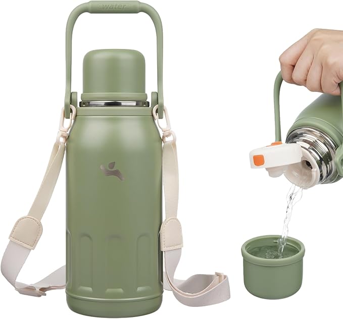 Insulated Water Bottle with Handle and Strap,Vacuum Travel Tumbler with Cup Lid,Thermo Coffee Cup for Hot Cold Drinks 40 OZ,Army Green