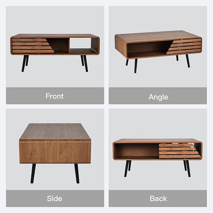 Mid Century Modern Coffee Table - Coffee Table for Living Room, 39.4" Fluted Design with Sliding Door Storage & Open Shelves, Wood Construction, Walnut