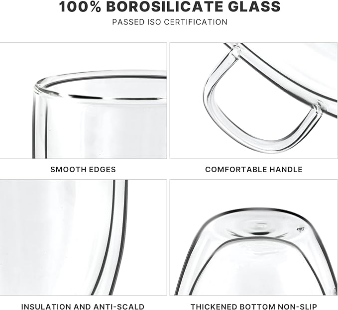 YUNCANG Double Wall Coffee Mugs, (4-Pcak) 16 Ounces-Clear Glass with Handle,lnsulated,Cappuccino,Tea,LatteCups,Beverage Glasses Heat Resistant