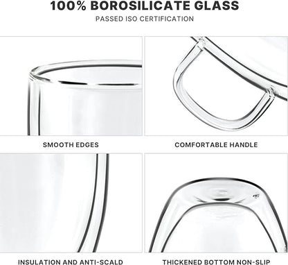 YUNCANG Double Wall Coffee Mugs, (4-Pcak) 16 Ounces-Clear Glass with Handle,lnsulated,Cappuccino,Tea,LatteCups,Beverage Glasses Heat Resistant