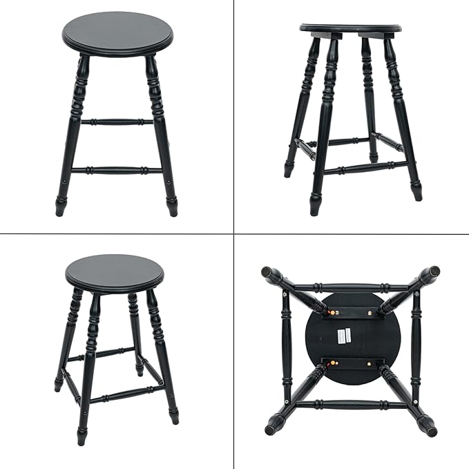 chairus 24" Black Backless Counter Height Bar Stools Set of 2, Farmhouse Wooden Counter Stools with Round Seat & Turned Legs, Rustic Vintage Colonial Short Bar Chairs for Kitchen Island