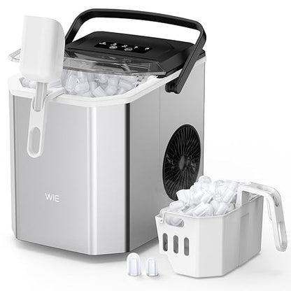 WIE Stainless Steel Ice Maker, Self-Cleaning Ice Maker Machine, 12kg/24H, 2 Sizes 9 Ice Cube Ready in 6 Mins Ice Machine with Handle, Scoop & Basket, 1.5L Ice Cube Maker for Home/Kitchen/Office/Bar