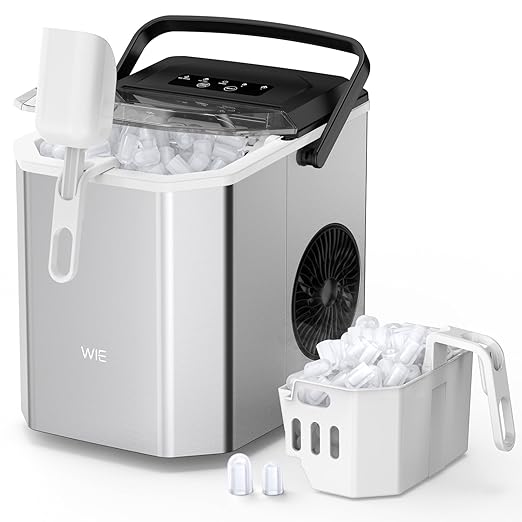 WIE Stainless Steel Ice Maker, Self-Cleaning Ice Maker Machine, 12kg/24H, 2 Sizes 9 Ice Cube Ready in 6 Mins Ice Machine with Handle, Scoop & Basket, 1.5L Ice Cube Maker for Home/Kitchen/Office/Bar