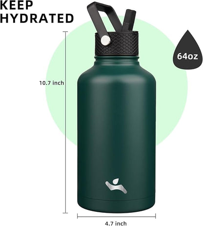 Half Gallon Insulated Water Bottle with Straw,64 oz 3 Lids Water Jug with Carrying Bag,Paracord Handle,Double Wall Vacuum Stainless Steel Metal Flask,Dark Green