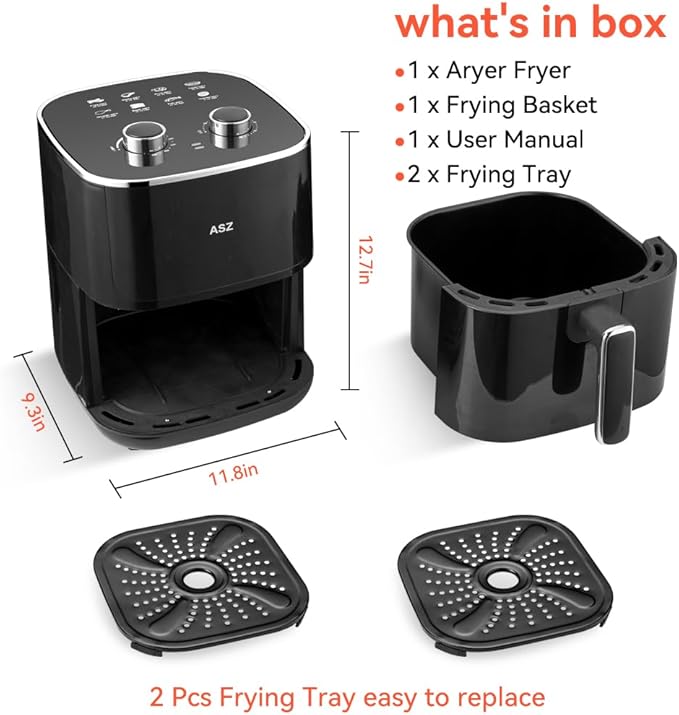 ASZ 5qt Air Fryer Compact Knob Black for dorm office - 4.7L Airfryer with Window 1400W Visual Basket - Non-Stick Pan, Manuel Control Max 60s Timer & 400℉ Kitchen Airfry Countertop Gift