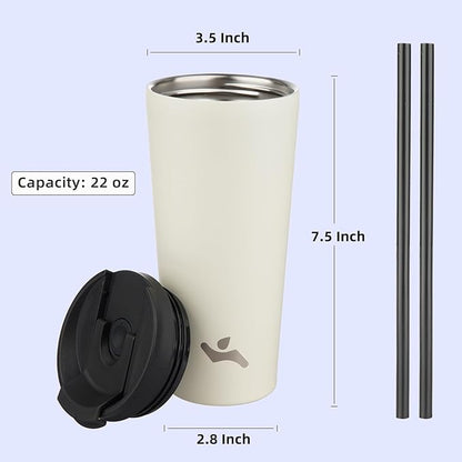 22 OZ Insulated Tumbler with Lid and 2 Straws Stainless Steel Water Bottle Vacuum Travel Mug Coffee Cup,Angel White