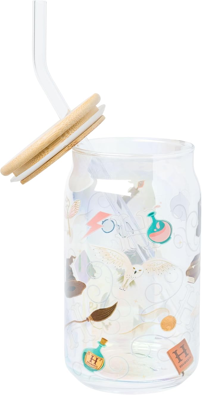 Silver Buffalo Harry Potter Iconic Icons Pattern Wands at the Ready 2 Pack Glass Jar Tumbler with Bamboo Lid and Glass Straw, 16 Ounces