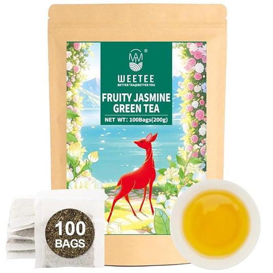 WT WEETEE Fruity Jasmine Green Tea Bags 100 Counts, Flavored Green Tea with Jasmine, Grapes, Passionfruit & Strawberry Aroma, Natural, Balanced & Refreshing