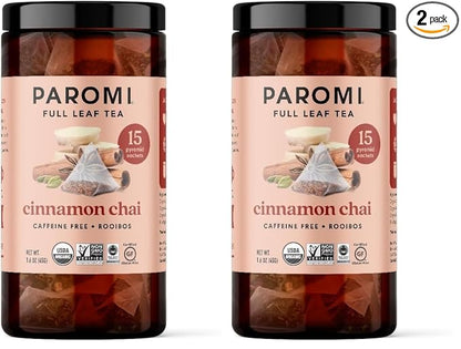 Paromi Cinnamon Chai Rooibos Organic Tea, Signature Jar, 15 Count (Pack of 2)
