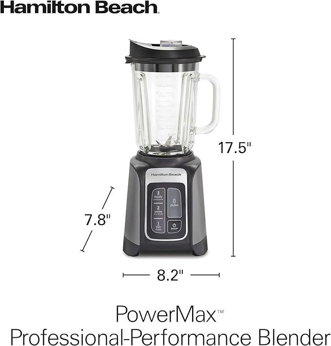 Hamilton Beach PowerMax Professional-Performance Blender for Shakes and Smoothies, Puree and Ice Crush, 48oz BPA-Free Glass Jar, 1680 Peak Watts, Stainless Steel Blades, Gray (58600J)