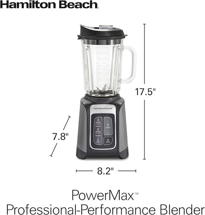 Hamilton Beach PowerMax Professional-Performance Blender for Shakes and Smoothies, Puree and Ice Crush, 48oz BPA-Free Glass Jar, 1680 Peak Watts, Stainless Steel Blades, Gray (58600J)