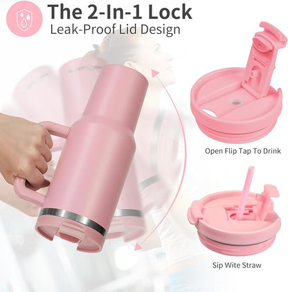 40oz Tumbler with Handle,Double Wall Vacuum Reusable Stainless Steel Insulated Water Bottle,With Leak Proof lid and Straw for Iced or Cold Beverages (light pink)