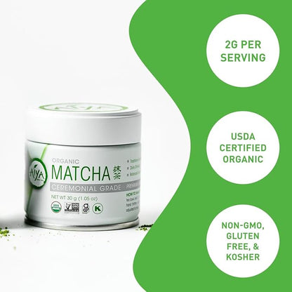 Aiya Organic Ceremonial Grade Matcha Powder - Premium Matcha Ceremonial Grade, Vibrant Jade Green Color, Mild Natural Sweetness, Japanese Tea Ceremonies - 30g Tin