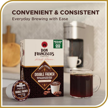 Don Francisco's Double French Dark Roast Coffee - 72 K-Cup Compatible Single-Serve Pods - Bold, Smoky Flavor - 100% Arabica - Recyclable - Rich Aroma, Full-Bodied Taste - Compatible with Keurig Brewers