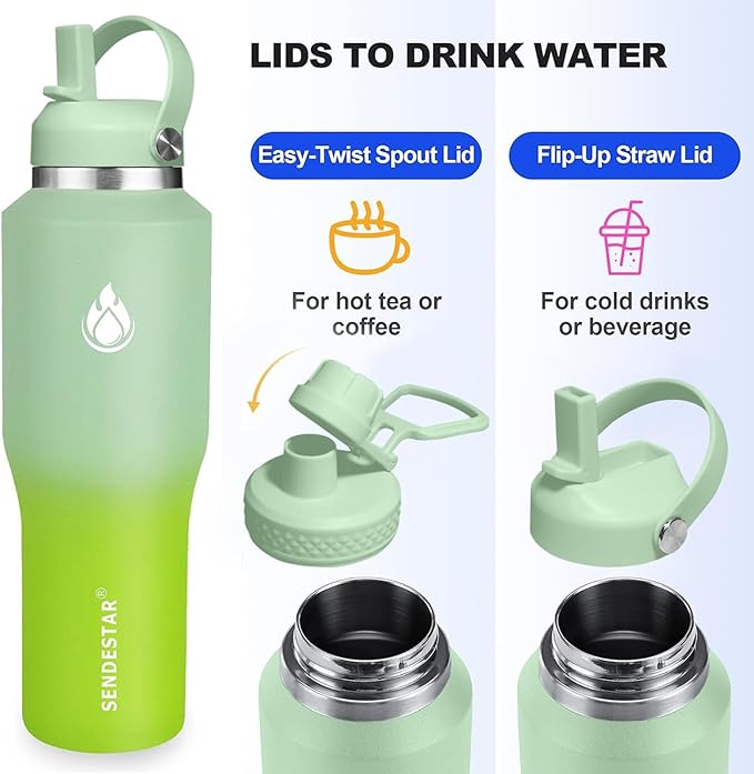 SENDESTAR SENDESTAR 40oz Stainless Steel Water Bottle(Cold for 48 Hrs, Hot for 24 Hrs),Double Wall Vacuum Insulated Bottle with Straw Lid, Spout Lid and Flex Cap, Fit in Any Car Cup Holder