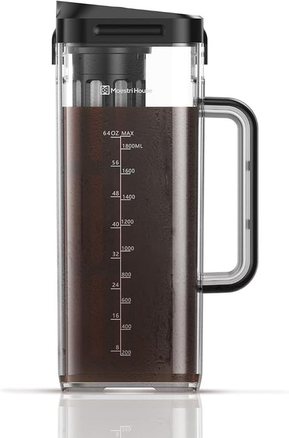Maestri House Compact Cold Brew Coffee Maker, 64oz Iced Tea and Coffee Maker Brewer Space Saving Tritan Pitcher, 350 Mesh Filter, 100% Leak-Proof