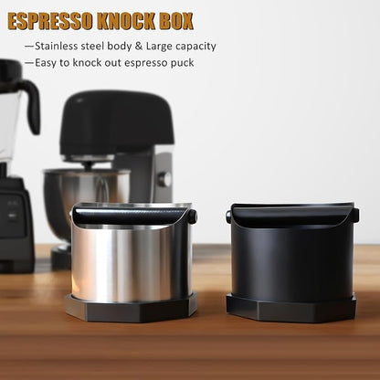 Coffee Knock Box, Large Capacity Espresso Knock Box with Non-Slip Base, Coffee Measuring Cup,Coffee Puck Knock Box Stainless Steel for Espresso Machine Coffee Grounds (Silver)
