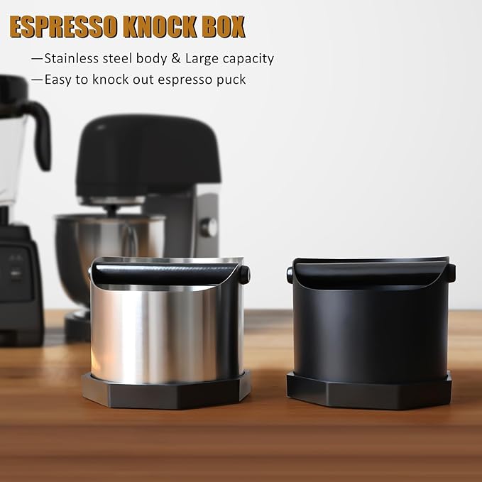 Coffee Knock Box, Large Capacity Espresso Knock Box with Non-Slip Base, Coffee Measuring Cup, Coffee Puck Knock Box Stainless Steel for Espresso Machine Coffee Grounds (Black)