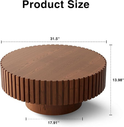 31.5" Round Drum Coffee Table, Modern Handcraft Fluted Drum Center Table, Wooden Round Coffee Table Center Table with Sturdy Pedestal for Living Room Apartment (Natural Wood)