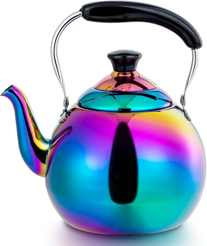 Whistling Tea Kettle for Stovetop Induction Stainless Steel Tea pot Whistle Kettles Gas Stove Top Fast Boiling Water Modern Rainbow Iridescent Color Mirror Finish 2 Quart