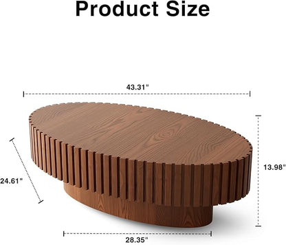 43.31" Oval Drum Coffee Table, Modern Handcraft Fluted Drum Center Table, Wooden Oval Coffee Table Center Table with Sturdy Pedestal for Living Room Apartment (Natural Wood)