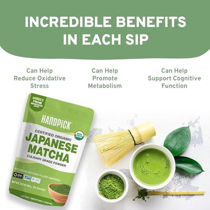 HANDPICK Japanese Organic Matcha Green Tea Powder (100 Servings) - Authentic Premium Second Flush Harvest | Resealable Ziplock Pouch
