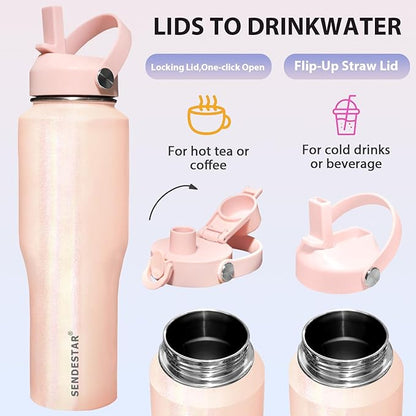 SENDESTAR 40oz Stainless Steel Water Bottle(Cold for 48 Hrs, Hot for 24 Hrs),Double Wall Vacuum Insulated Bottle with Straw Lid, Spout Lid and Flex Cap, Fit in Any Car Cup Holder TXIN-40-Laser Pink