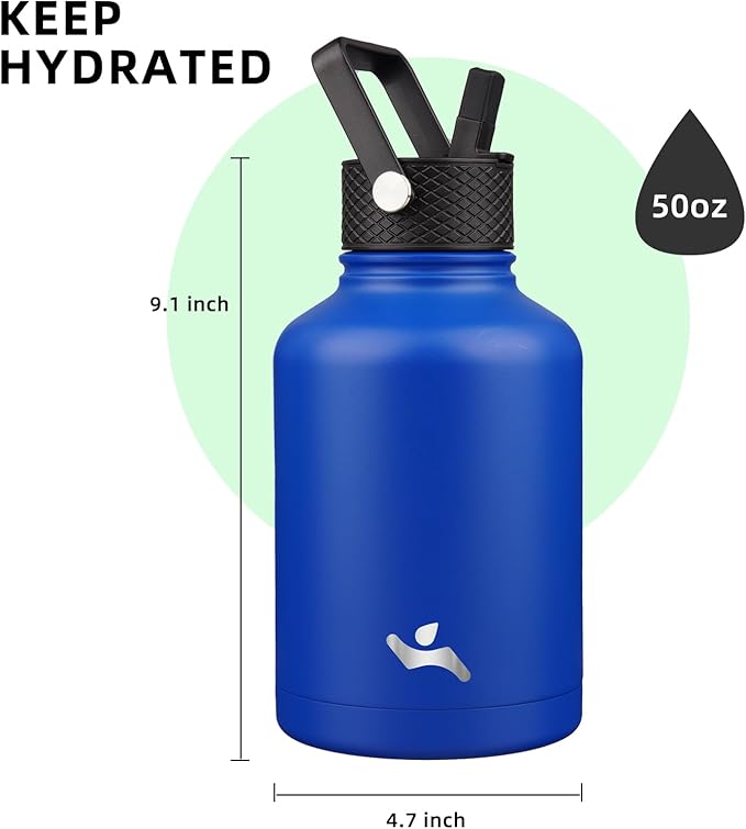 Insulated Water Bottle with Straw,50 oz 3 Lids Water Jug with Carrying Bag,Paracord Handle,Double Wall Vacuum Stainless Steel Metal Flask,Blue