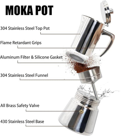 4 Cup Thickened 304 Stainless Steel Moka Pot Stovetop Espresso Maker Cafeteras Italian Percolator Espress Makers Capable Greca Mocha Coffee Machine for Induction Home and Camping 200ml 6.6oz