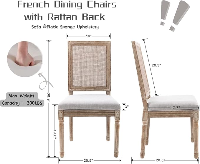 CIMOTA Farmhouse Dining Chairs Set of 8, French Rattan Dining Room Chairs with Rectangle Back/Distressed Wood Upholstered Vintage Side Chairs for Kitchen/Restaurant, 8PCS/Grey