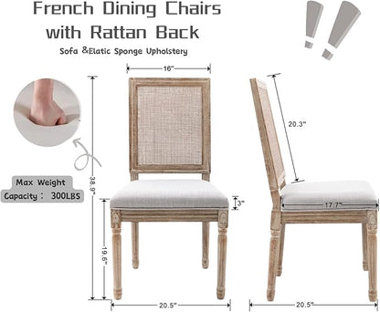 CIMOTA Farmhouse Dining Chairs Set of 8, French Rattan Dining Room Chairs with Rectangle Back/Distressed Wood Upholstered Vintage Side Chairs for Kitchen/Restaurant, 8PCS/Grey