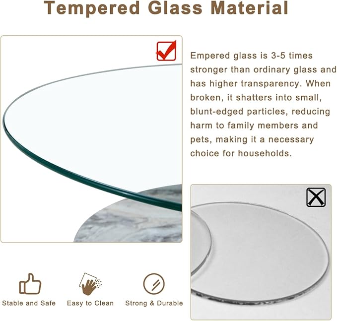 42 Inch Glass Coffee Table，Round Coffee Table with 2-Tier Tempered Glass Tabletop，Easy to Clean Circle Coffee Table with Sturdy Base for Living Room，Office (Light Gray Marble Colored Base