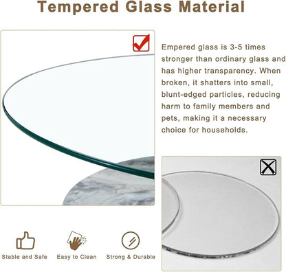 42 Inch Glass Coffee Table，Round Coffee Table with 2-Tier Tempered Glass Tabletop，Easy to Clean Circle Coffee Table with Sturdy Base for Living Room，Office (Light Gray Marble Colored Base