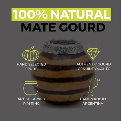 BALIBETOV Yerba Mate Gourd Set (Original Natural Handmade Yerba Mate Cup Argentina) - Includes Mate Tea Cup, Bombilla (Mate Straw) and Clean Brush - Classic Mate Cup and Bombilla Set (01)