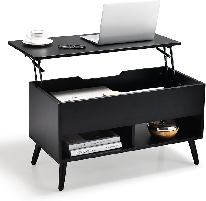 Tangkula Lift Top Coffee Table, Modern Cocktail Table with Hidden Compartment & 2 Open Shelves, Flip Top Center Table, Wooden Pull up Coffee Table for Living Room, Reception Room, Office (Black)