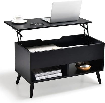 Tangkula Lift Top Coffee Table, Modern Cocktail Table with Hidden Compartment & 2 Open Shelves, Flip Top Center Table, Wooden Pull up Coffee Table for Living Room, Reception Room, Office (Black)