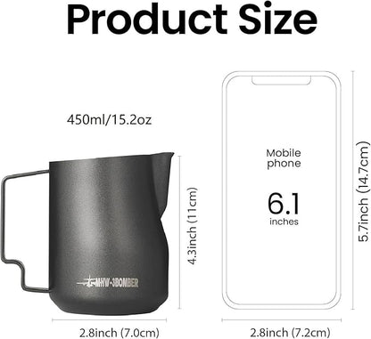 MHW-3BOMBER Milk Frothing Pitcher 450ml/15.2oz Milk Frother Cup Espresso Steaming Pitcher Stainless Steel Milk Frother Cup Barista Latte Art Black Gold - P6016S