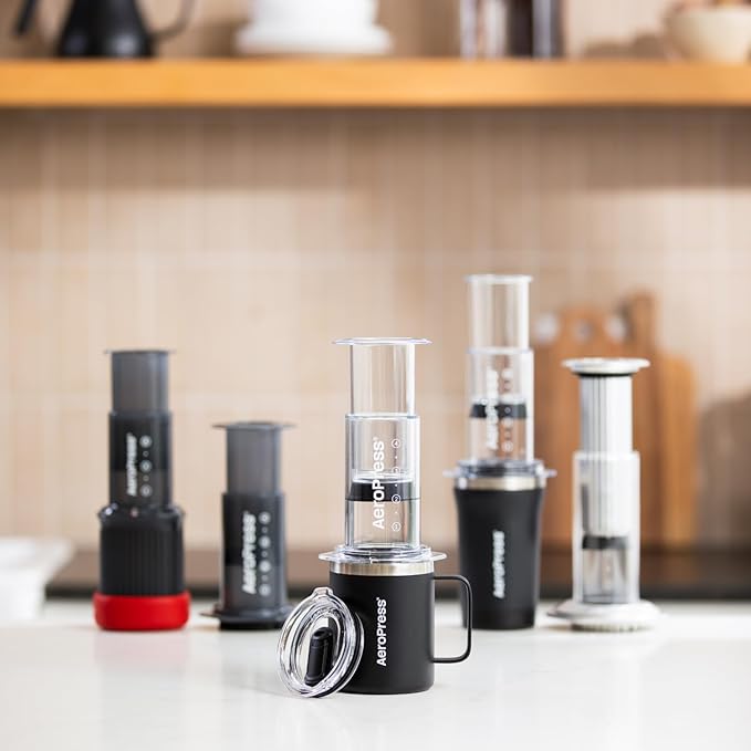 AeroPress Travel Coffee Mug with Handle, Double-Wall Vacuum Insulated Stainless Steel with Splash-Resistant Slider Lid, Compatible for Hot or Cold Drinks, Dishwasher Safe, 12 oz, Black