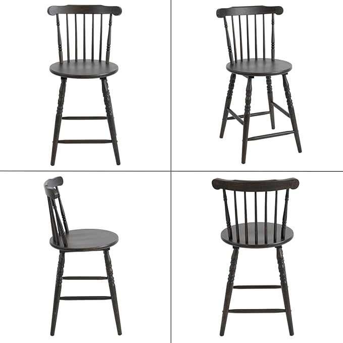 chairus 24" Windsor Counter Height Bar Stools Set of 4, Farmhouse Wooden Counter Stools with Spindle Back & Turned Legs, Rustic Vintage Colonial Bar Chairs for Kitchen Island, Antique Brown