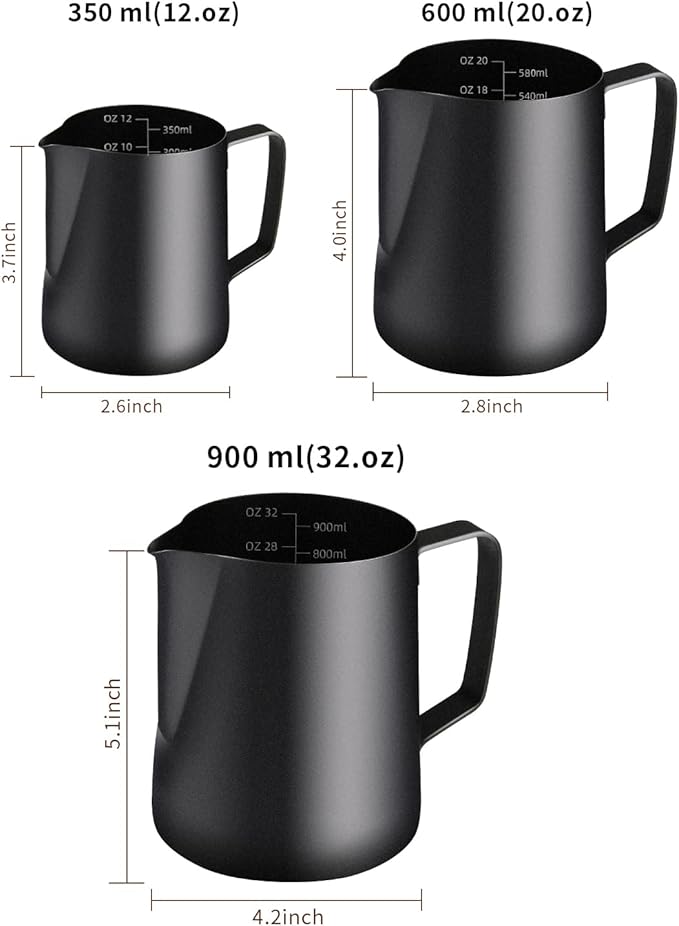 Milk Frothing Pitcher, 20OZ/600ML Stainless Steel Espresso Steaming Pitcher Coffee Milk Frother Cup with Decorating Art Pen for Espresso Machine, Milk Frother, Latte Art Black
