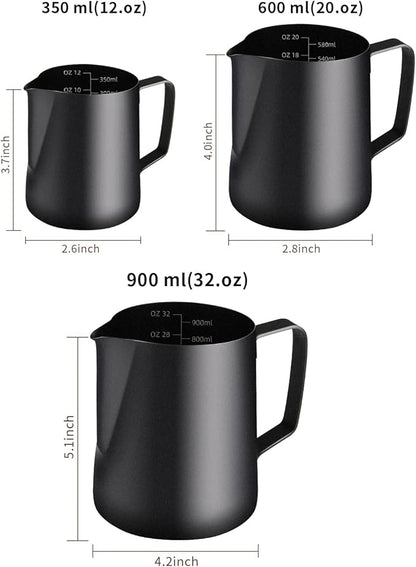 Milk Frothing Pitcher, 20OZ/600ML Stainless Steel Espresso Steaming Pitcher Coffee Milk Frother Cup with Decorating Art Pen for Espresso Machine, Milk Frother, Latte Art Black