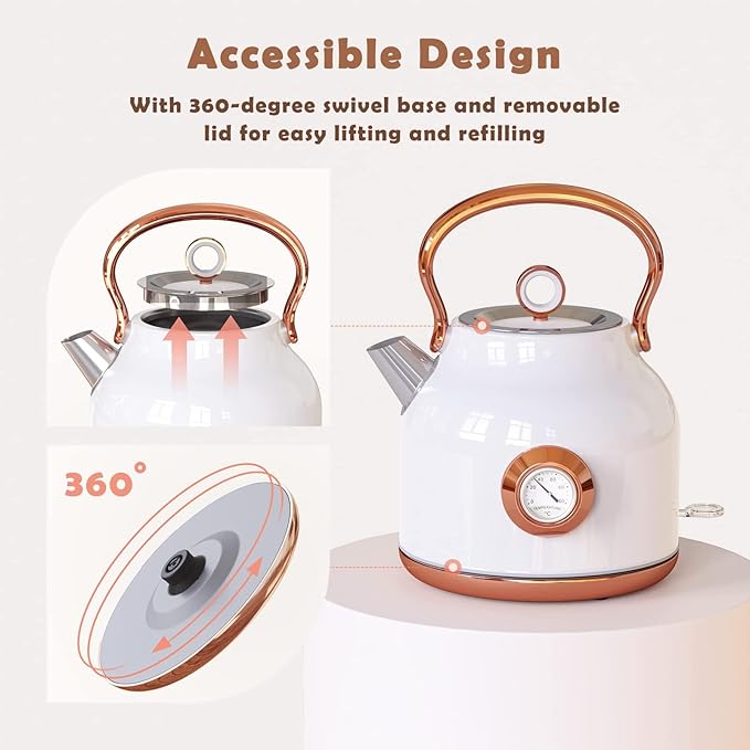 Retro Electric Kettle, 1.7L Stainless Steel Tea Kettle with Large Temperature Gauge, 1500W Fast Heating Hot Water Boiler with LED Indicator, Auto Shut-off & Boil-Dry Protection-Reteo White