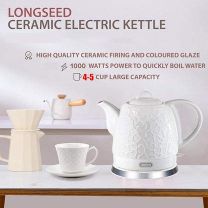Ceramic Electric Kettle 1.0L(34oz), 1000W Fast Boiling, Automatic Shut-Off &, BPA-Free, Cordless Water Boiler, Boil Dry Protection, Pot with LED Indicator for Home Office Kitchen
