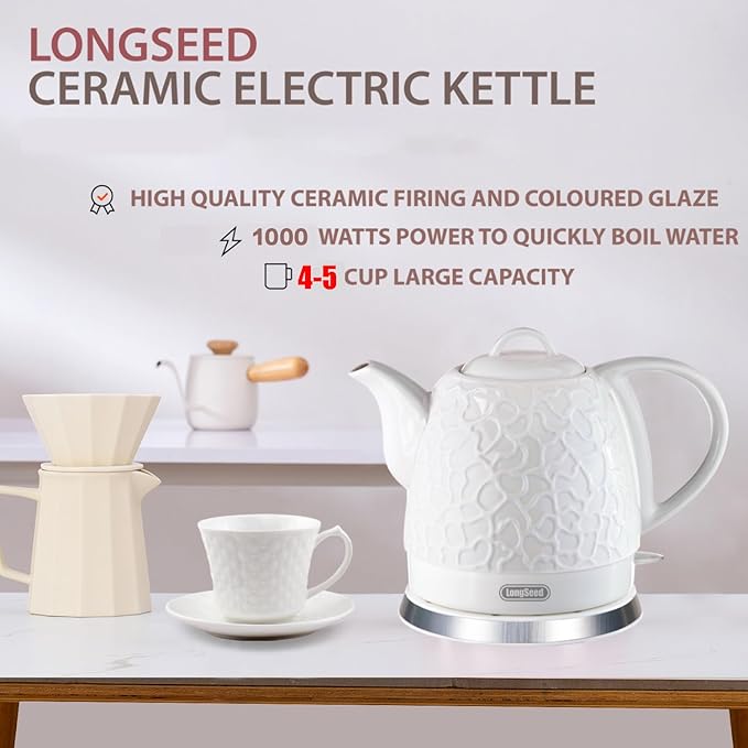 Ceramic Electric Kettle 1.0L(34oz), 1000W Fast Boiling, Automatic Shut-Off &, BPA-Free, Cordless Water Boiler, Boil Dry Protection, Pot with LED Indicator for Home Office Kitchen