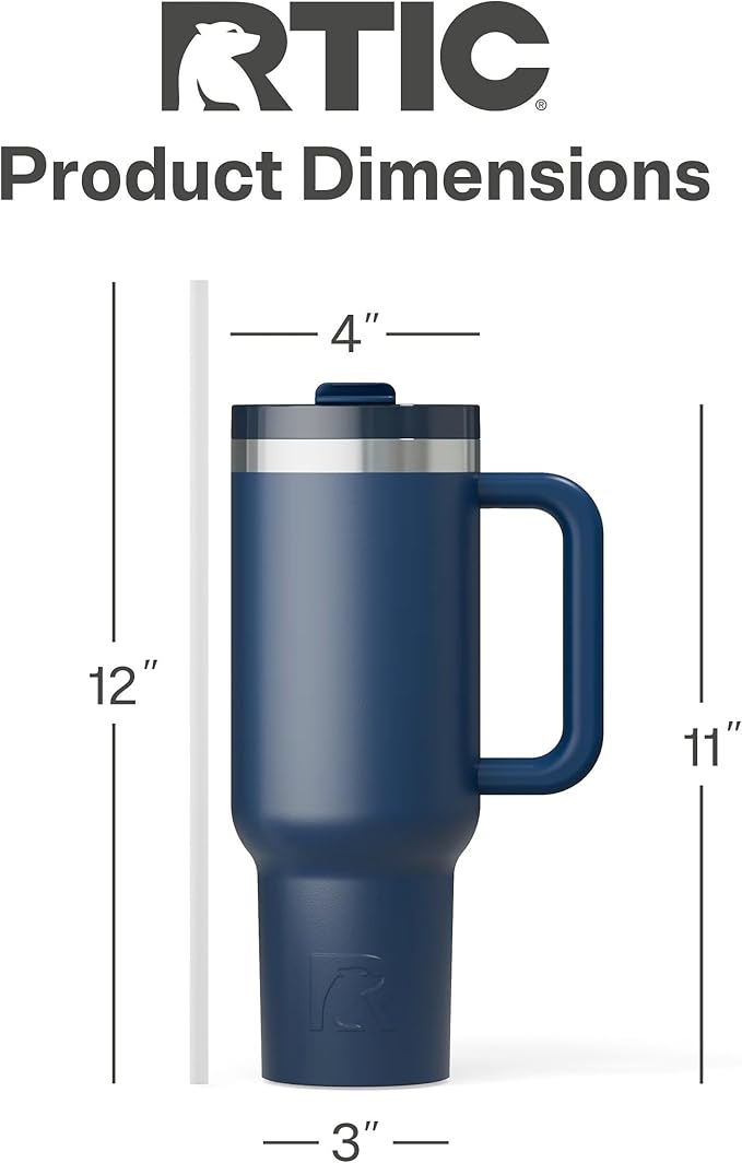 RTIC 40 oz Road Trip Tumbler Double-Walled Insulated Stainless Steel Portable Travel Coffee Mug Cup with Lid, Handle and Straw, Ceramic-Lined, Navy